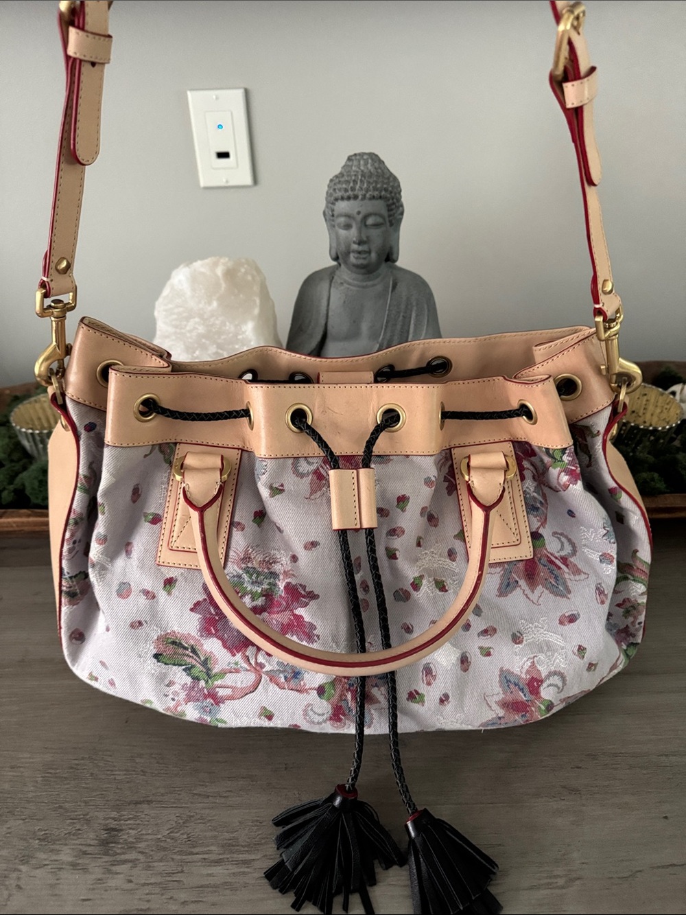 MCM 🔥Rare Floral Drawstring Shoulder Bag in Denim & Nude with Navy BlueTassels